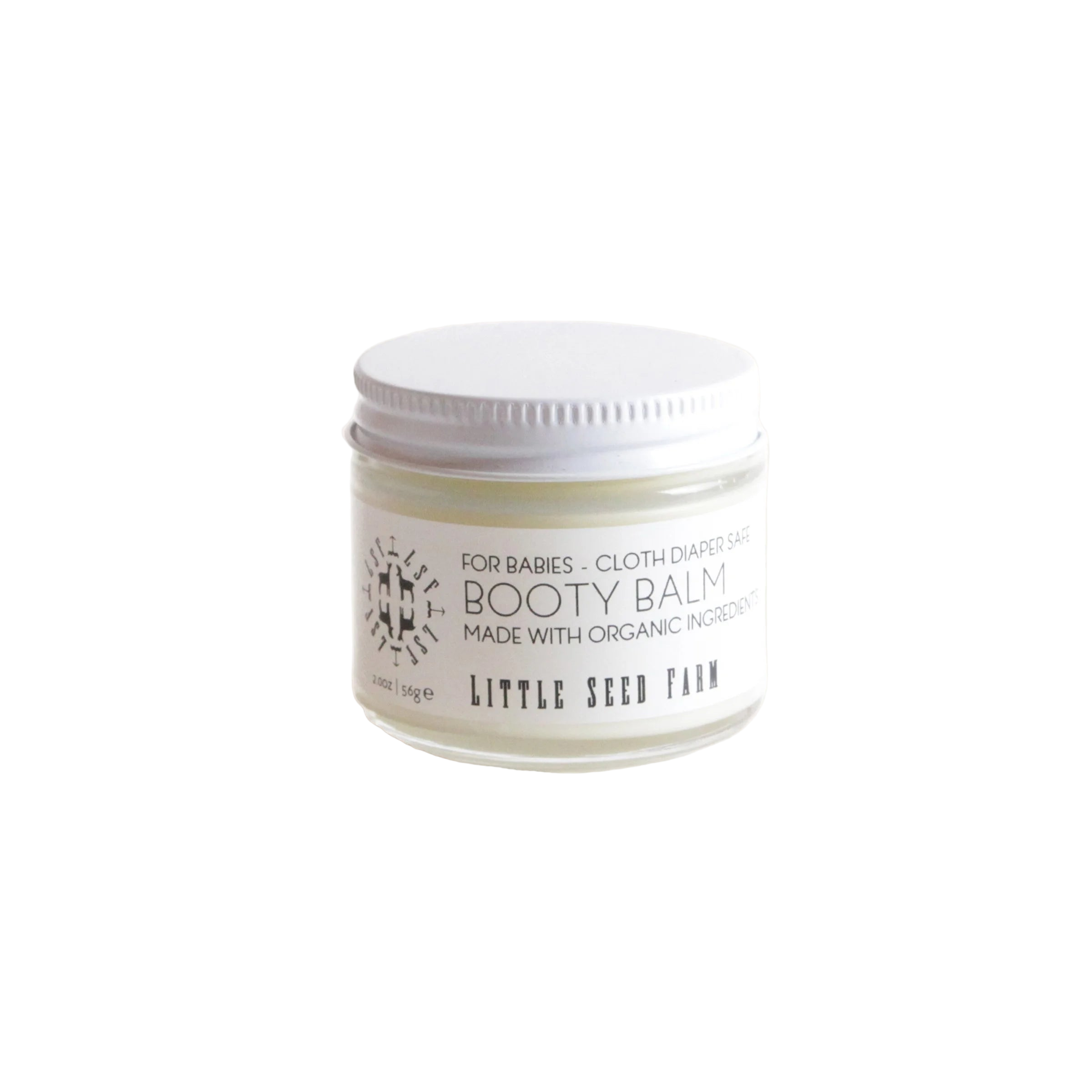 Jar of Booty Balm from Little Seed Farm on a white background