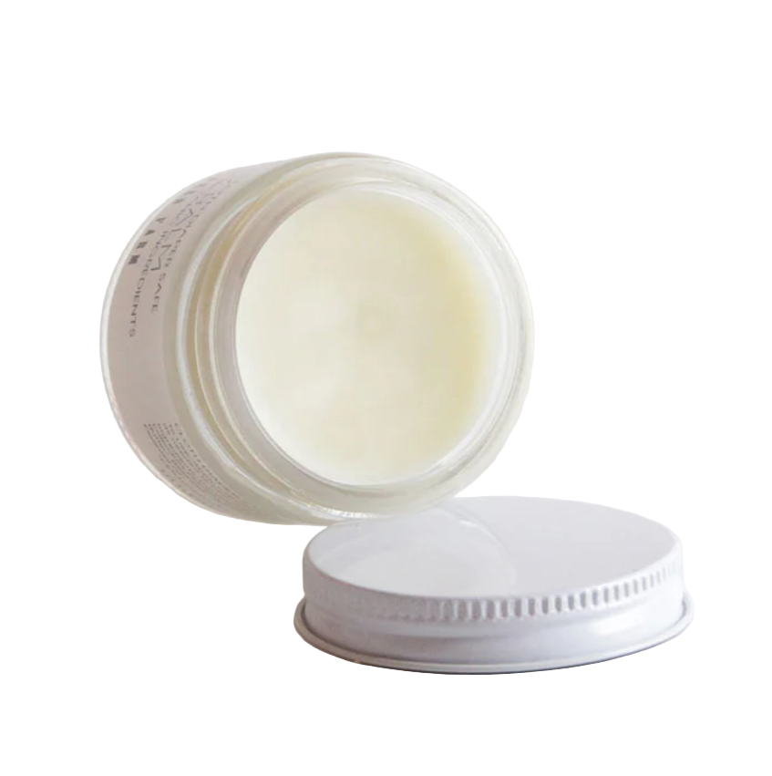 Jar of cream with a white lid on a light gray background