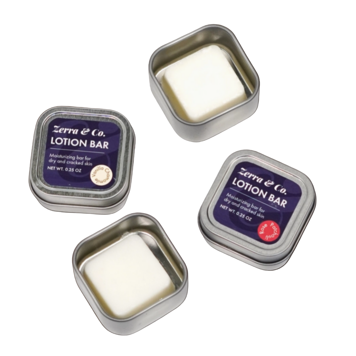 Zerra & Co. lotion bars in tins on a brown background