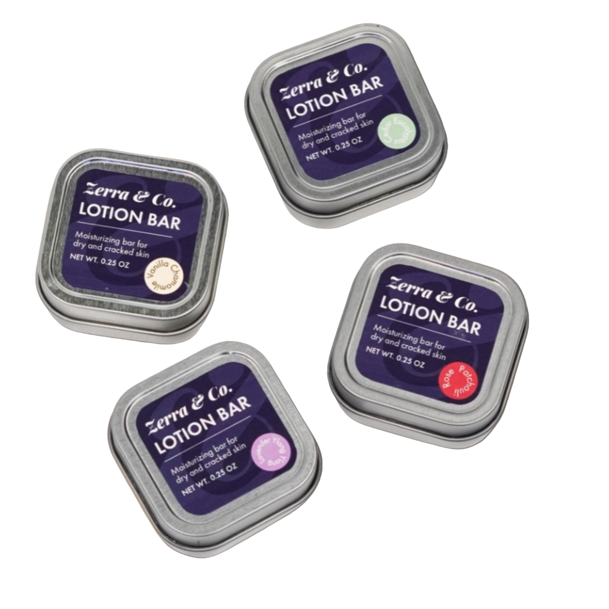 Four Zerra & Co. lotion bars on a beige background